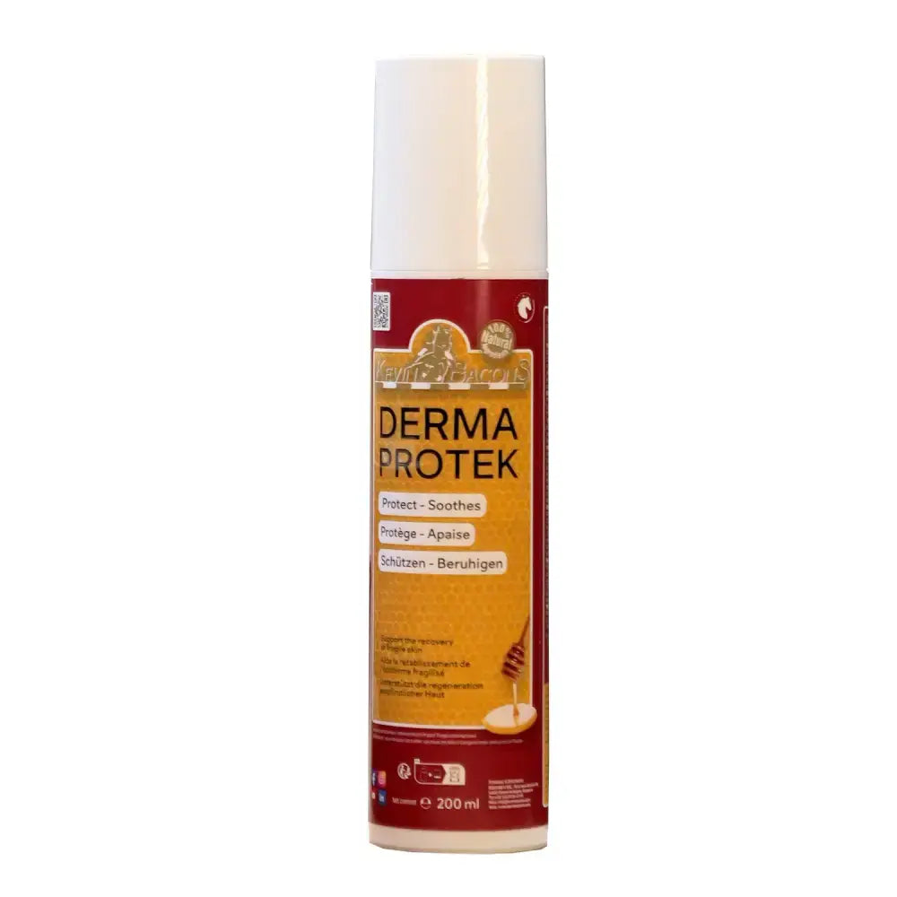 A 200 ml aerosol can of kevin bacons derma protek with a red and gold honey label rich in fatty acids