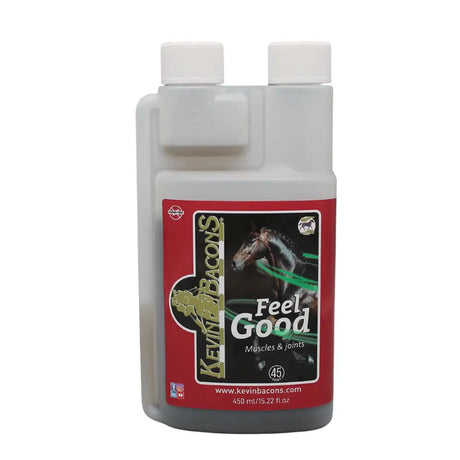 Kevin bacon feel good muscles and joints supplement in white plastic bottle with red black label featuring horse for equestrian use