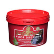 Red plastic tub of kevin bacons hoof dressing with gold and white label featuring horse imagery for horses hooves care