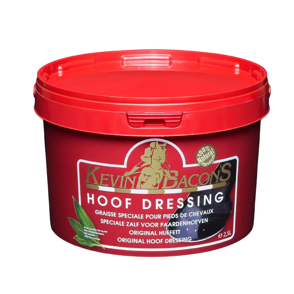 Red plastic tub of kevin bacons hoof dressing with gold and white label featuring horse imagery for horses hooves care