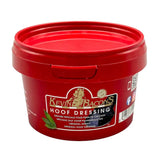 Red plastic container of kevin bacon’s hoof dressing with gold lettering for horses’ hooves care