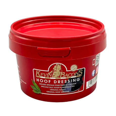 Red plastic container of kevin bacon’s hoof dressing with gold lettering for horses’ hooves care