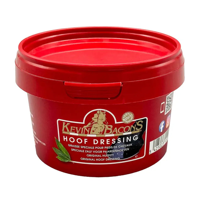 Red plastic container of kevin bacon’s hoof dressing with gold lettering for horses’ hooves care