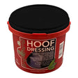 Red plastic bucket with black lid labeled kevin bacons hoof dressing black featuring bay leaves design