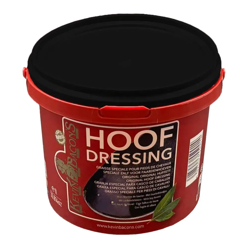 Red plastic bucket with black lid labeled hoof dressing by kevin bacon’s for hoof dressing black use