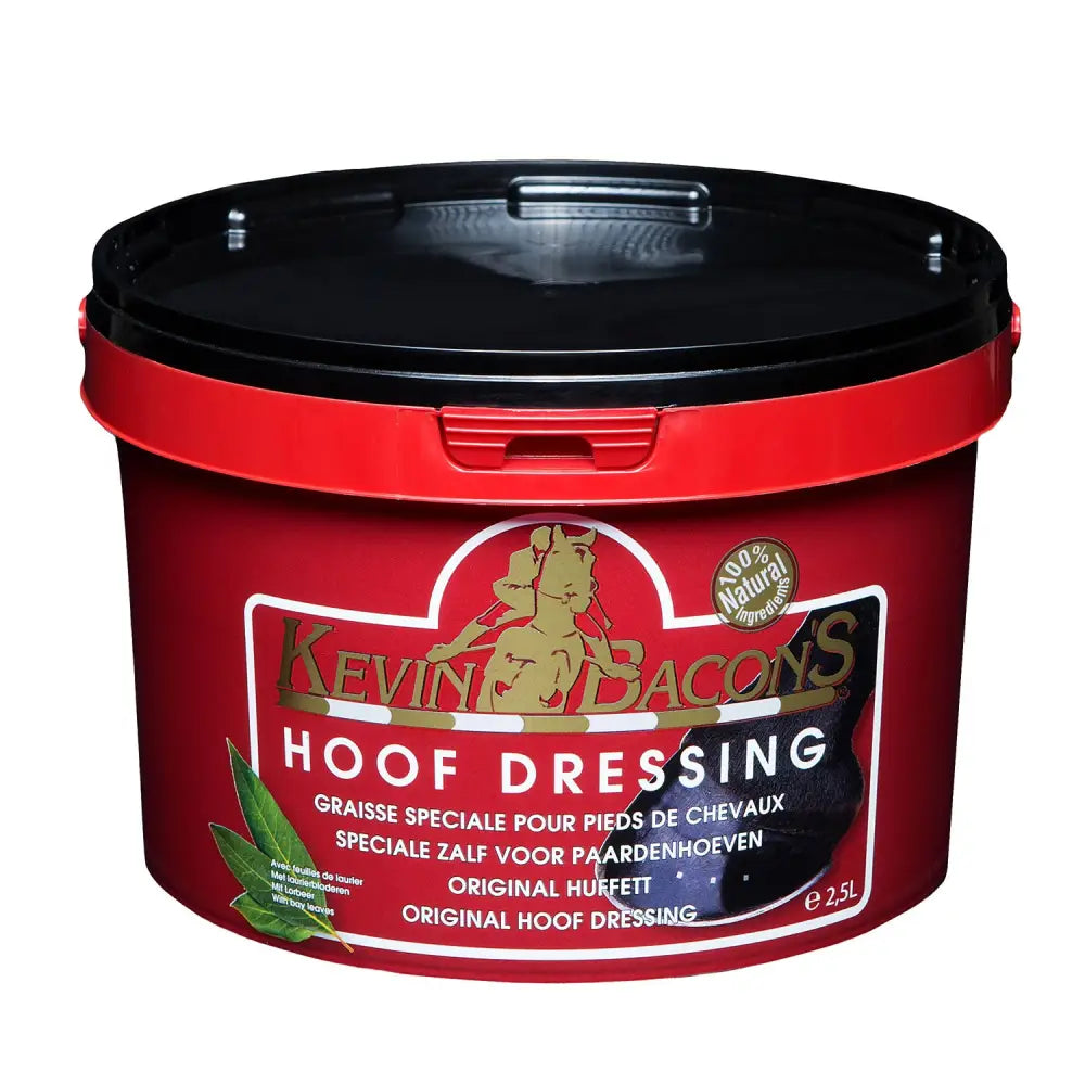 Red plastic bucket with black lid labeled kevin bacon’s hoof dressing black for effective hoof care dressing black