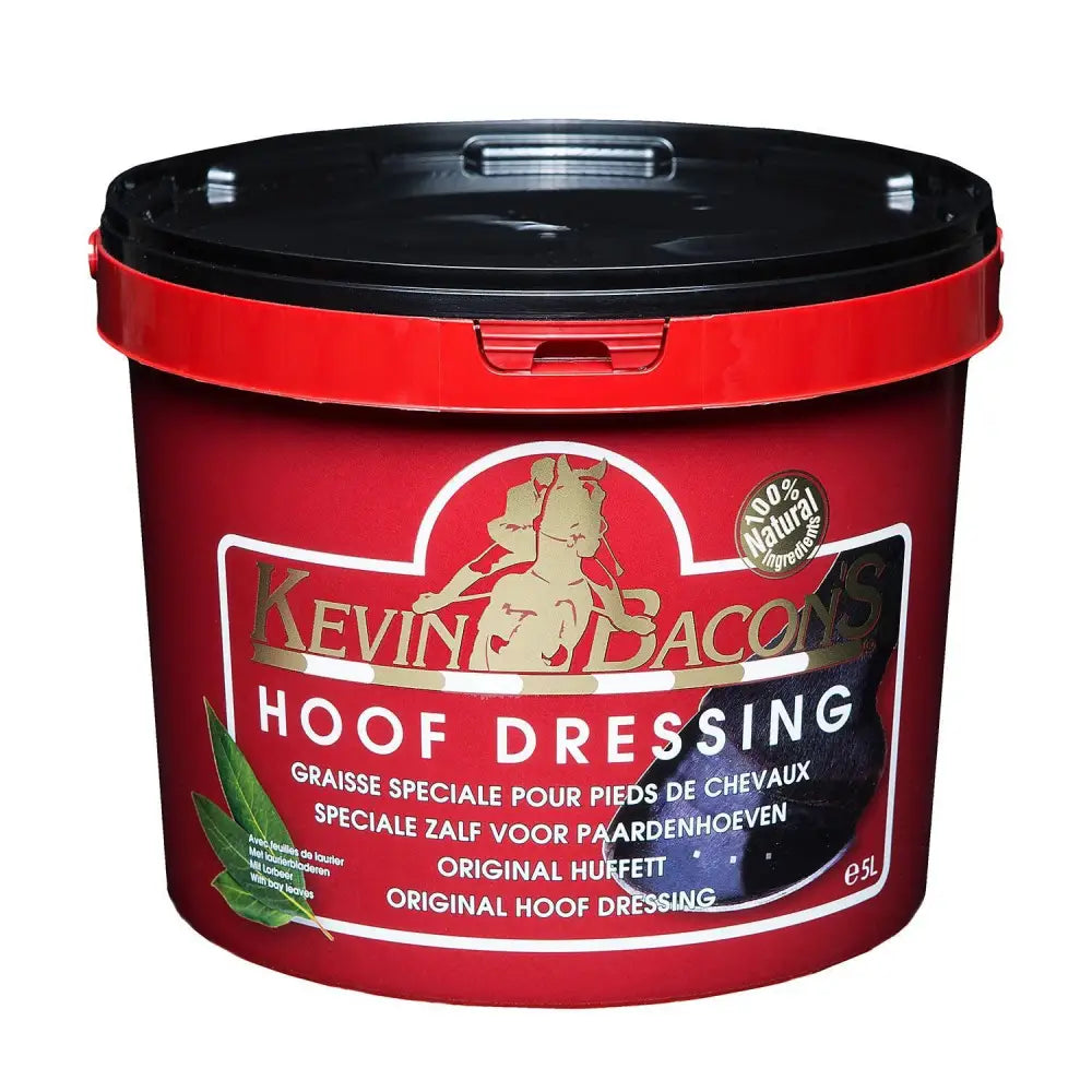 Red plastic bucket with black lid labeled kevin bacon hoof dressing black for hoof dressing black use