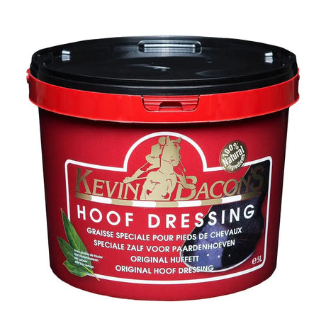 Red plastic bucket with black lid labeled kevin bacon hoof dressing black for hoof dressing black use