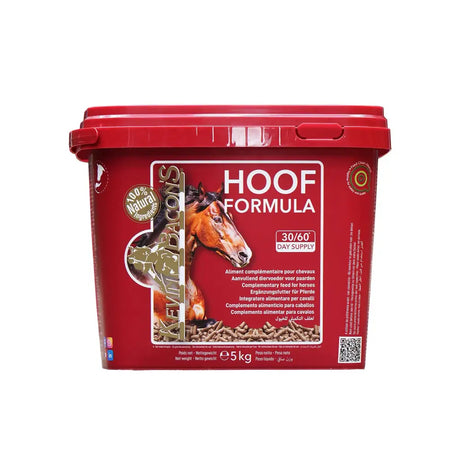 Red plastic container of kevin bacons hoof formula 5kg horse supplement with brown horse image on label and lid