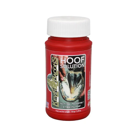 Red plastic bottle with white cap of kevin bacon’s hoof intense antibacterial fungicidal solution for healthy hooves