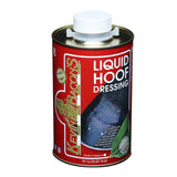 Red cylindrical can of kevin bacon’s liquid hoof dressing laurel balm with white cap and gold lettering for hoof care