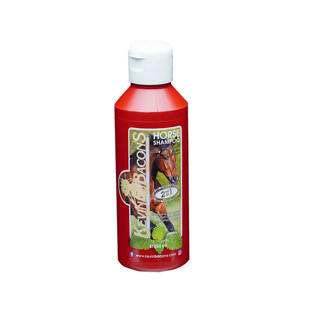 Red plastic bottle of kevin bacons lucy diamond shampoo 2-in-1 with white flip-top cap and green horse label