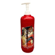 Red plastic bottle with white pump labeled kevin bacon’s omega power featuring a horse image and gold accents for equestrian use