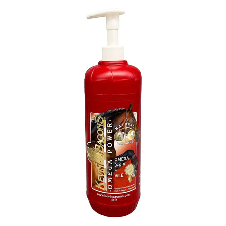 Red plastic bottle with white pump labeled kevin bacon’s omega power featuring a horse image and gold accents for equestrian use