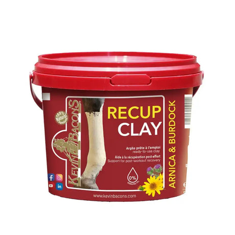Red plastic bucket with lid and handle labeled kevin bacons recup bentonite clay for use with energised water