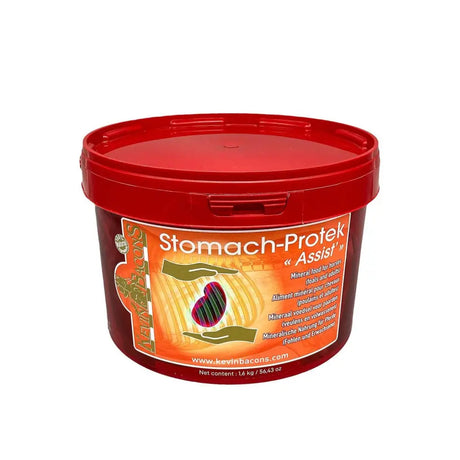 Red plastic container of kevin bacons stomach-protek assist mineral food for horses supporting equestrian stomach health