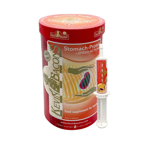 Red cylindrical container of kevin bacon’s stomach-protek speed action feed supplement for horses with white syringe for equestrian use