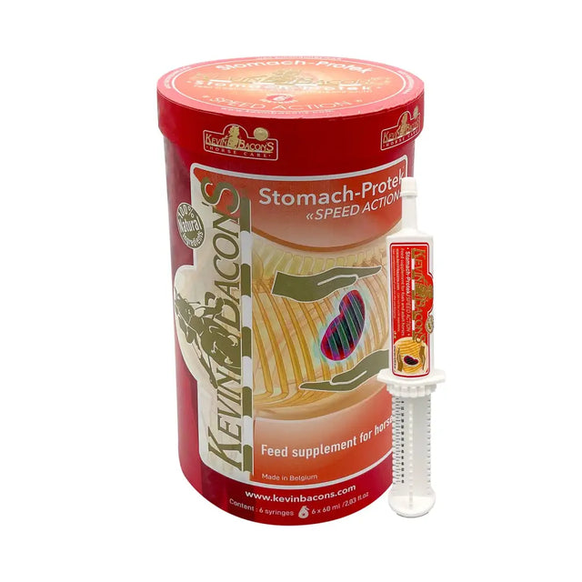 Red cylindrical container of kevin bacon’s stomach-protek speed action feed supplement for horses with white syringe for equestrian use
