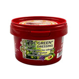 Red plastic container of kevin bacons green hoof dressing with avocado label for horse hoof capsule care
