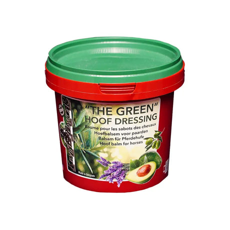Red plastic tub with green lid labeled the green hoof dressing by levity roots for kevin bacons hoof capsule care