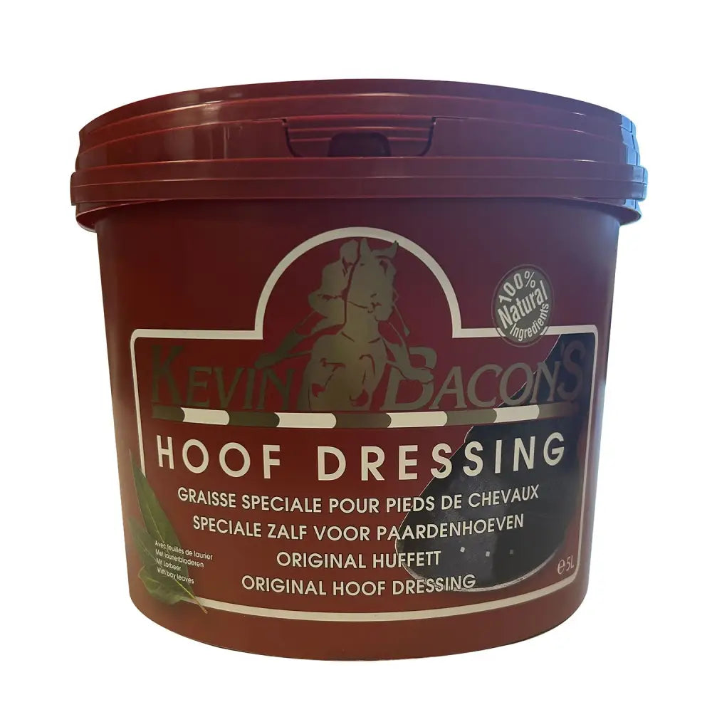Maroon plastic tub of kevin bacon winter hoof dressing original with lid and label showing hoof dressing original use