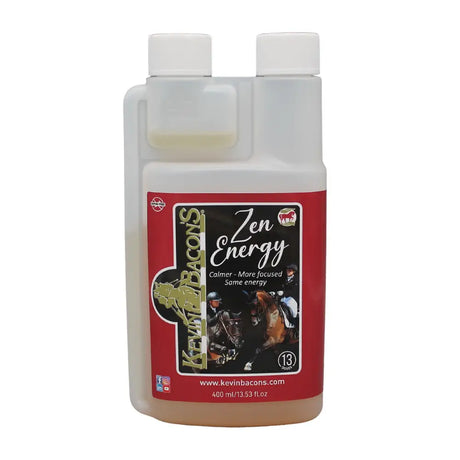 Kevin bacon zen energy in a 400 ml clear plastic bottle with a red black label featuring an equestrian horses image