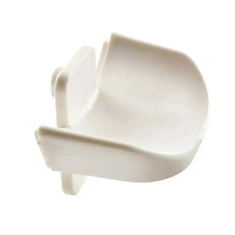 White plastic key hole plastic jump cup with curved open top and side clips for legal plastic showjumping use