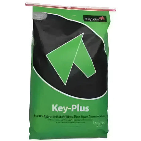 Green and black bag of keyflow key-plus horse feed with stabilised rice bran for quality muscle mass development