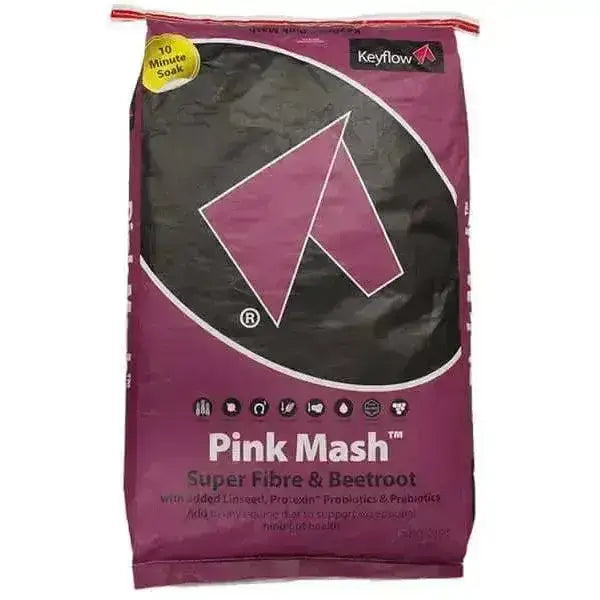 A purple bag of keyflow pink mash super fibre and beetroot horse feed with a bold logo for 10-minute soak supporting hind gut health