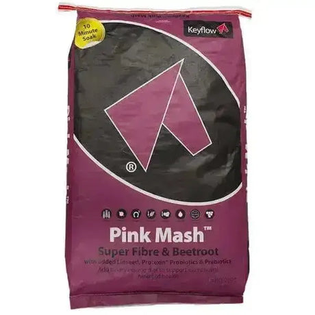 A purple bag of keyflow pink mash super fibre and beetroot horse feed with a bold logo for 10-minute soak supporting hind gut health