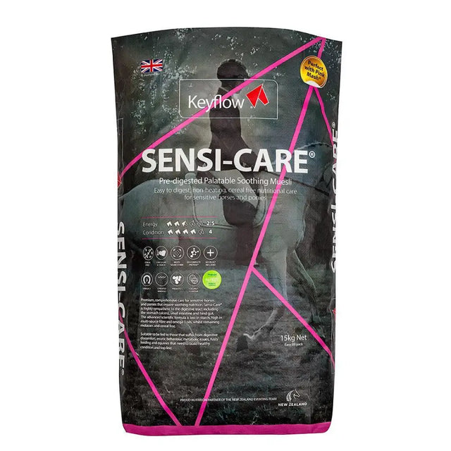 Keyflow sensi-care soothing muesli for horses in 15kg black pink white bag with cold pressed rapeseed and chelated minerals