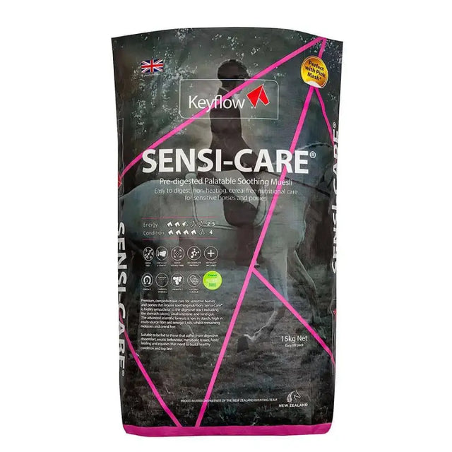 Keyflow sensi-care soothing muesli low starch feed in dark gray bag with pink geometric accents for sensitive horses