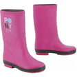 Bright pink kids pink wellington boots with black sole and equi-kids pony love logo synthetic yard boots