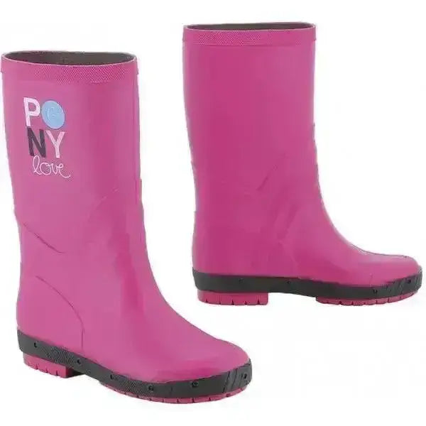 Bright pink kids pink wellington boots with black sole and equi-kids pony love logo synthetic yard boots