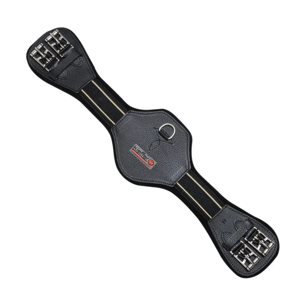 Black leather kieffer equiconnect girth with silver big roller buckles and central d-ring featuring the brand logo