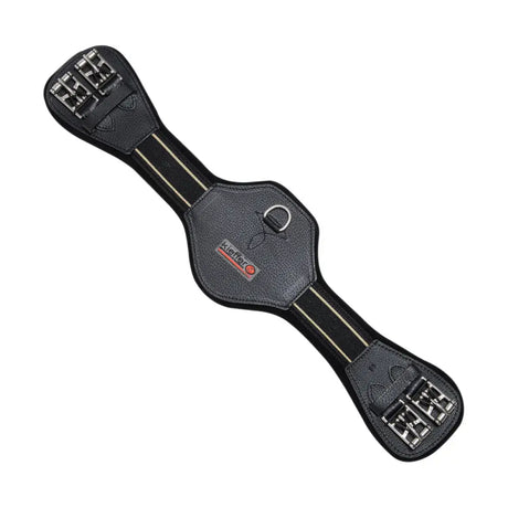 Black leather kieffer equiconnect girth with silver big roller buckles and central d-ring featuring the brand logo