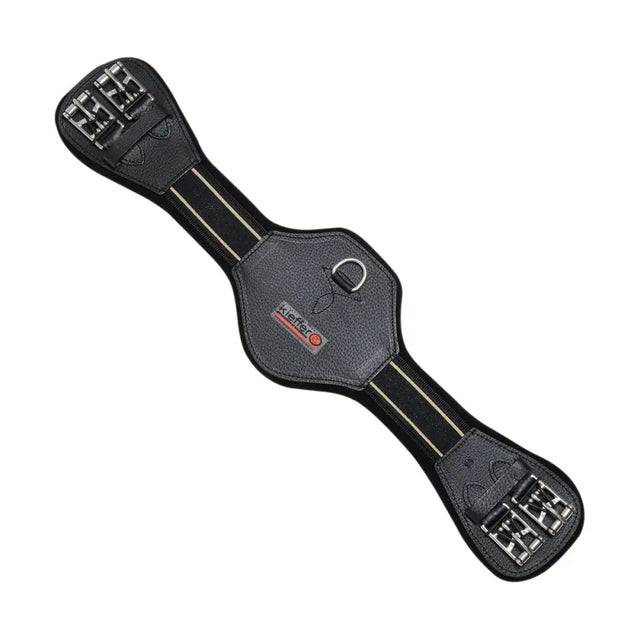Black leather kieffer equiconnect girth with silver big roller buckles and central d-ring featuring the brand logo