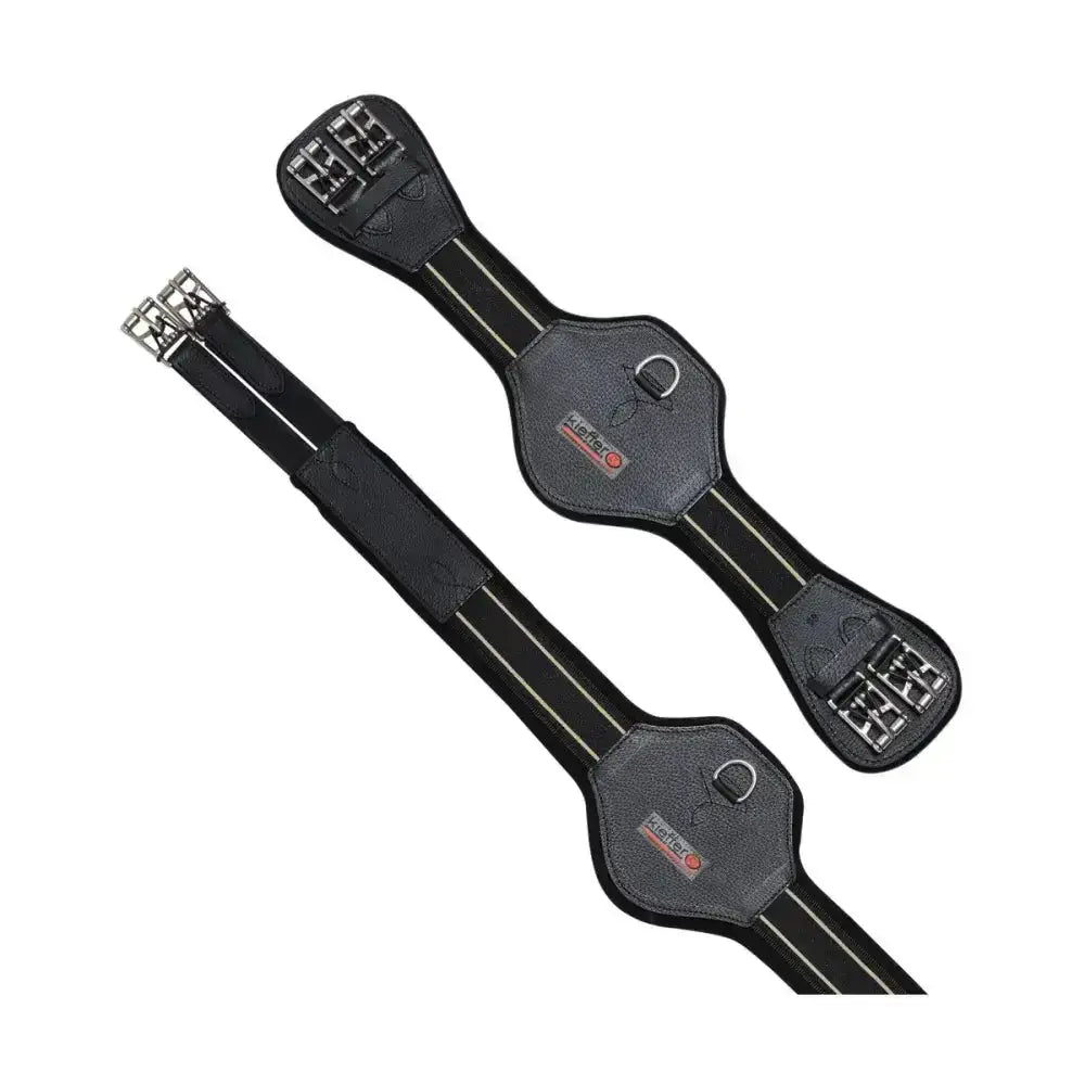 Black leather kieffer equiconnect girth pad with silver big roller buckles and reflective stripes for riding gear