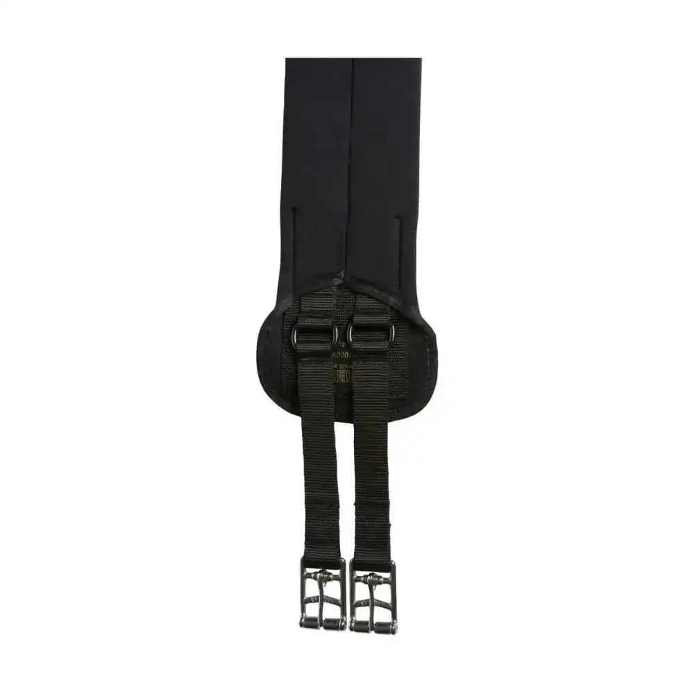 Black horse saddle pad with reinforced straps and metal buckles shown from back side for kieffer preneline girth carefree girth sweat absorbing