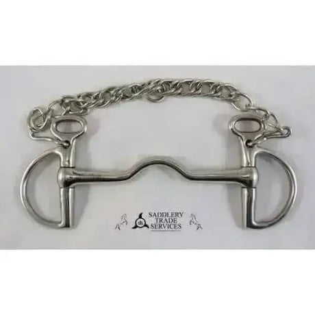 Silver-colored metal kimblewick plain cheek ported horse bit with chain and smooth polished finish
