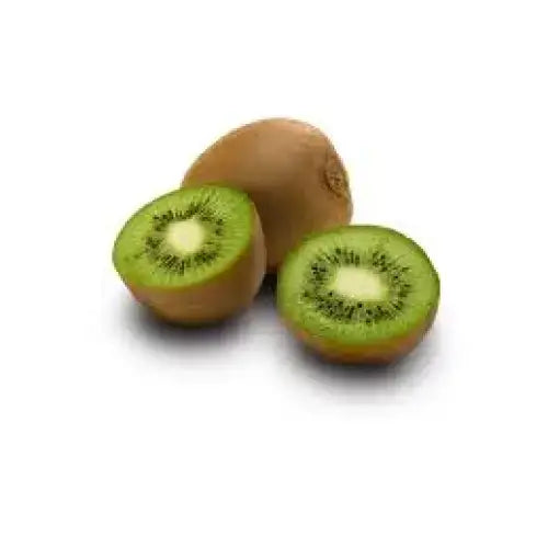A whole brown kiwi fruit and two halves showing bright green flesh with black seeds perfect for snacking or desserts