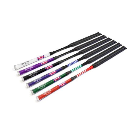 Set of six km cush grip jump elite slimline riding crop handles with black leather and colorful wraps