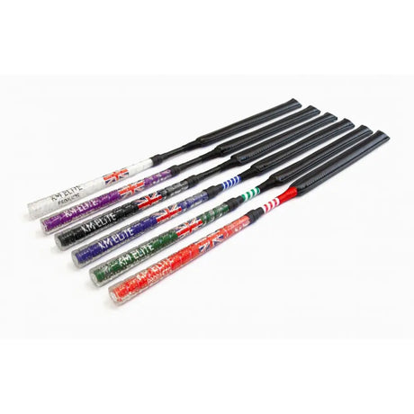 Six colorful cush grip jump bat whips with black leather handles and union jack grip by kmelite products