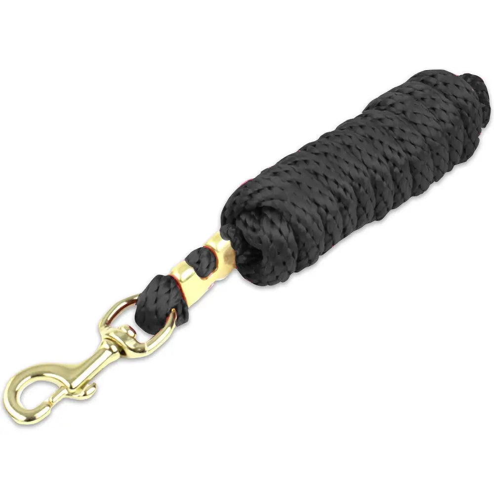 Black braided km elite 10ft poly lead rope with gold metal hardware swivel hook perfect for polo market use