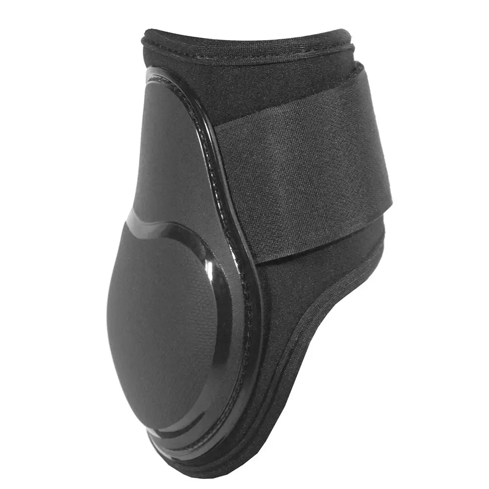Black horse hoof protector with glossy plastic shell and elastic straps for km elite air shock fetlock boots