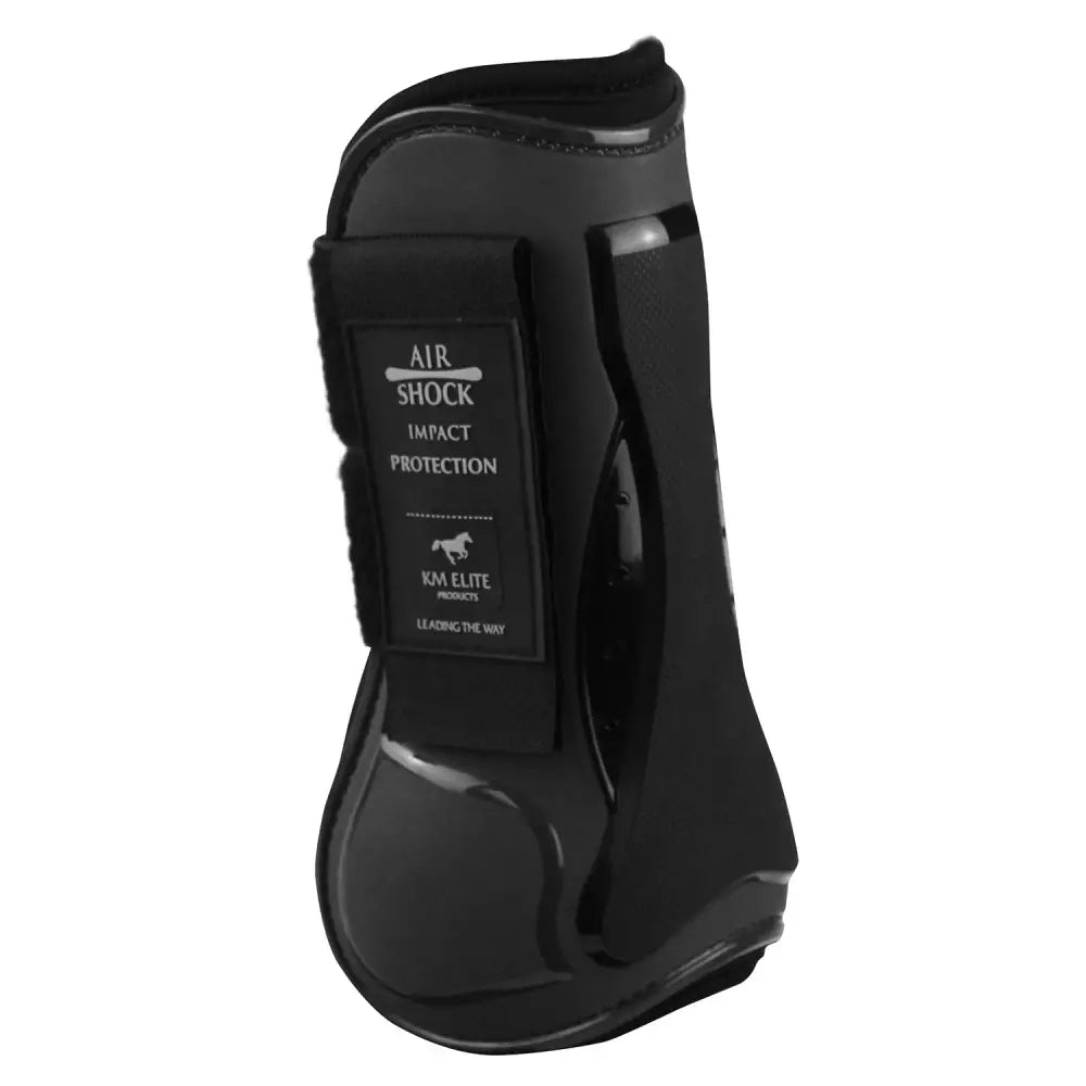 Black km elite air shock tendon boots with glossy finish and adjustable strap for superior shock protection