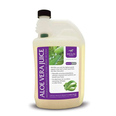 Km elite aloe vera juice in a translucent bottle with a black cap and purple green label for horses with elite aloe benefits