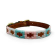 Brown leather elite argentinian dog collar with pink light blue tan embroidered crosses pattern pastel design