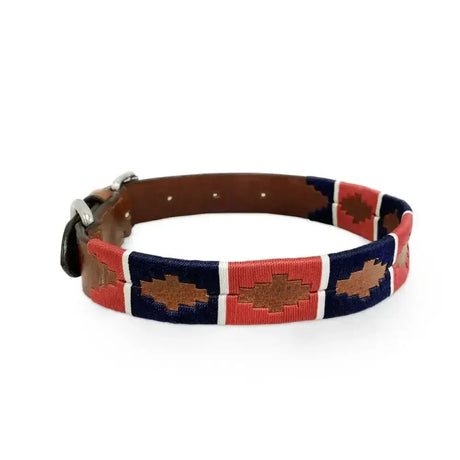Km elite argentinian dog collar with red navy blue tan geometric woven pattern brown leather interior silver buckle