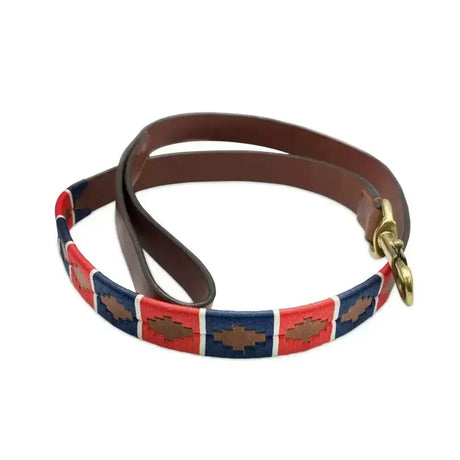 Red navy blue and white embroidered elite argentinian dog leash with brown leather handles and brass hardware